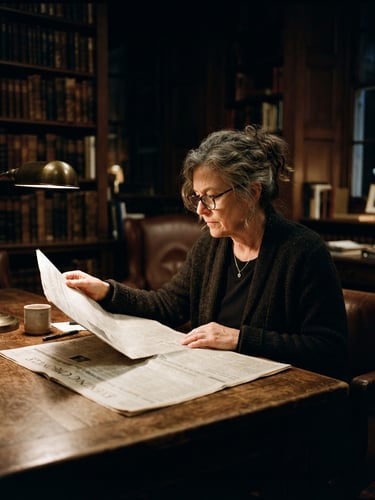 Environmental portrait of an editor reading a broadsheet paper in a dimly lit, warm cream library room, dramatic chiaroscuro shadows, 35mm film grain