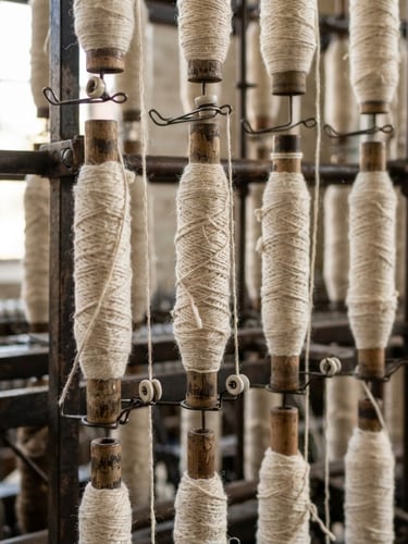 Macro close-up of raw cotton yarn on industrial loom spindles, bright natural daylight, crisp textile textures, neutral clean tones.