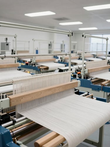 Wide environmental shot of a clean, modern textile manufacturing facility floor in Karur, rows of active weaving looms, bright industrial studio lighting.