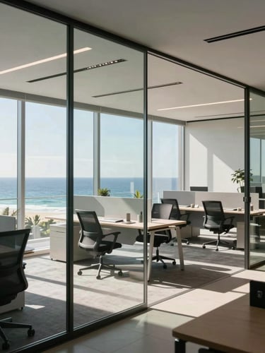 Sunlit modern office interior on the Gold Coast, pristine glass partitions, clean minimalist desks, bright natural coastal daylight