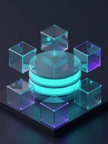 Isometric 3D render of abstract geometric glass nodes representing secure cloud databases, glowing neon turquoise and violet highlights, dark obsidian background, octane render