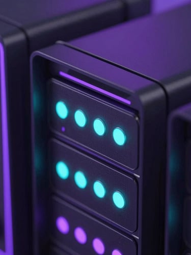 Macro close-up of server hardware with precise glowing status indicators, dark-themed developer interface overlay, neon violet and turquoise lighting, sleek 3D render