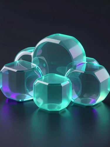 Sleek 3D render of abstract geometric glass nodes representing cloud databases, glowing neon turquoise and purple accents, dark obsidian background, octane render