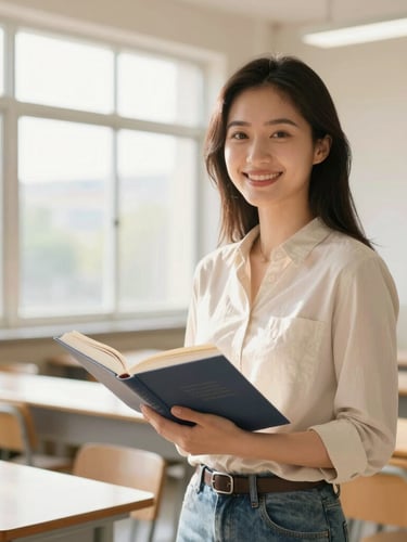 Bright editorial portrait of a smiling female teacher in a modern, sunlit classroom, holding a book, natural window daylight, warm tones.