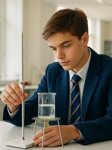 Medium shot of a high school student in a blue uniform conducting a physics experiment in a bright, modern science lab, natural window light