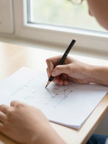 Close-up of a student's hands carefully solving a complex physics diagram on paper, bright natural window light, focused academic atmosphere.