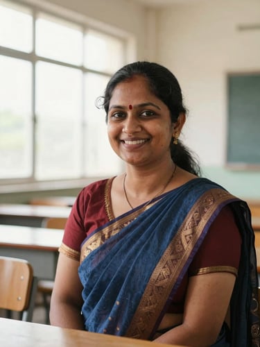 A professional, warm portrait of an Indian female teacher smiling in a bright classroom, natural window daylight, clean warm tones, 35mm lens.