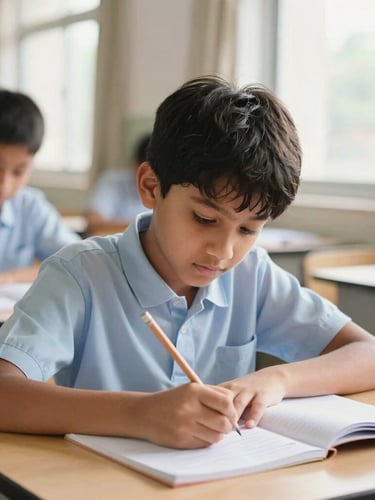 Medium shot of a young student in a bright, daylight-filled classroom in Patna, writing in a notebook with a wooden pencil, soft background focus, warm tones.