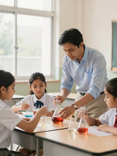 A bright, modern classroom in Patna with natural window daylight. A certified mentor guides primary students during an active science experiment.