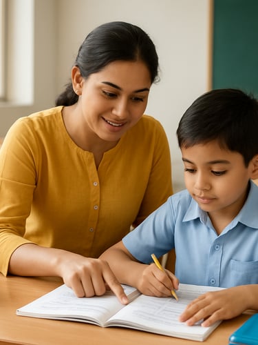 A bright medium shot of a modern classroom in Patna, natural window daylight, a certified teacher guiding a young student with structured learning materials on a wooden desk