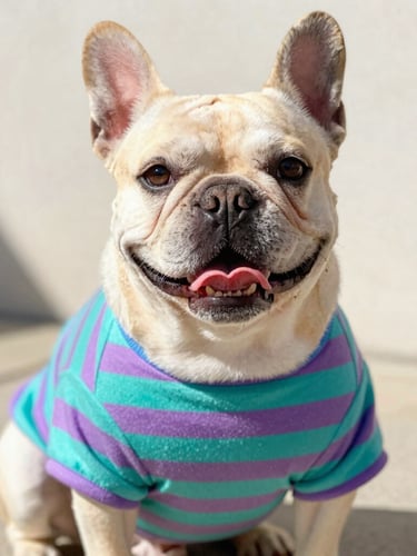 A happy French Bulldog wearing a colorful handmade teal and mauve striped shirt, sitting comfortably in warm, sunny outdoor daylight, eye-level close-up, vibrant pet photography