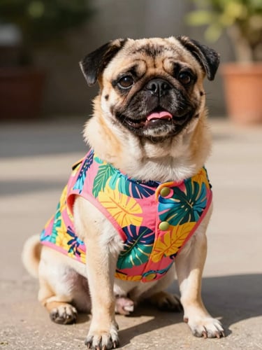 Un perro pug feliz con una camisa playera colorida de hojas tropicales, sentado en el pasto bajo luz natural cálida, enfoque suave, primer plano de la prenda.