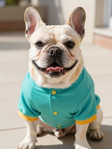 A happy French Bulldog wearing a colorful custom-tailored teal shirt, sitting comfortably in bright warm natural daylight on a clean patio, eye-level medium shot
