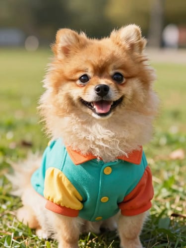 A happy fluffy Pomeranian dog wearing a colorful handmade teal shirt, looking directly at the camera, bright warm natural daylight, cheerful saturated tones, outdoor park background