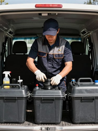 Portrait shot of a professional cleaning crew member in branded uniform, focused on organizing heavy-duty cleaning equipment in a utility vehicle. Sharp high-contrast photography, bright natural daylight, crisp clean details, deep charcoal tones.