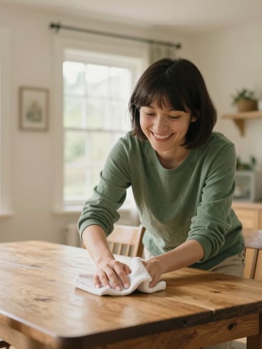 A family cleaner smiling while wiping a wooden dining table in a cozy, sunlit Buckinghamshire home, soft natural light, 35mm