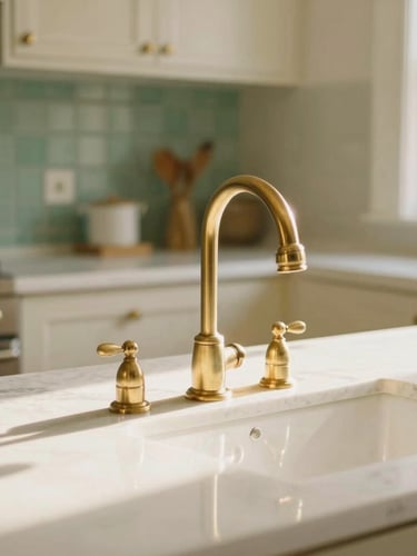 Warm sunlit domestic kitchen interior, polished brass taps, soft natural afternoon light reflecting off clean marble countertops, cozy cream tones, shallow depth of field, 35mm