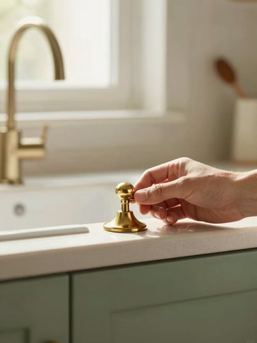 Warm domestic photography, soft natural afternoon light, a hand polishing a brass fixture in a sunlit kitchen, shallow depth of field, 35mm