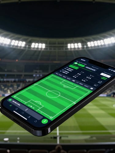 Dramatic stadium lighting reflecting on a dark smartphone screen displaying analytical sports charts, high contrast, neon green accents, sharp focus, 35mm