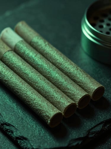 Macro shot of premium textured rolling papers and a polished metal grinder resting on a dark slate surface, emerald green ambient backlighting, moody atmosphere