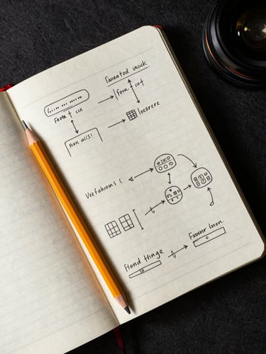 Extreme close-up overhead flat-lay of an open strategy notebook with hand-drawn system diagrams and annotated wireframes on a dark matte desk surface, a precise pencil resting diagonally across the page, studio strobe lighting casting sharp shadows that emphasise the depth of the ruled lines