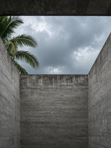 A vertical architectural shot of a minimalist concrete courtyard in Dhaka, looking up towards a rectangular opening framing a cloudy monsoon sky, tropical green leaves draping over the raw concrete edge, dramatic natural light.