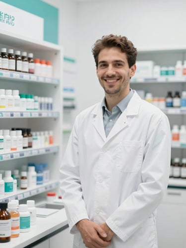 Portrait of an Italian pharmacist in a clean white coat smiling in a modern pharmacy lab, warm daylight, bright high-key lighting, soft teal accents, professional and authentic