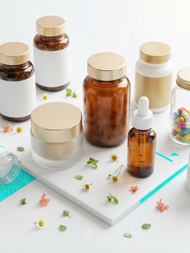Bright high-key studio shot of premium supplement bottles and cosmetic jars on a clean white background with subtle electric teal accents, warm daylight, 50mm