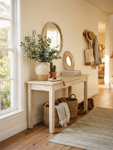 Sunlit, beautifully organized South Texas home entryway, soft morning window light filtering through, warm cream and sage tones, shallow depth of field, 35mm photography.