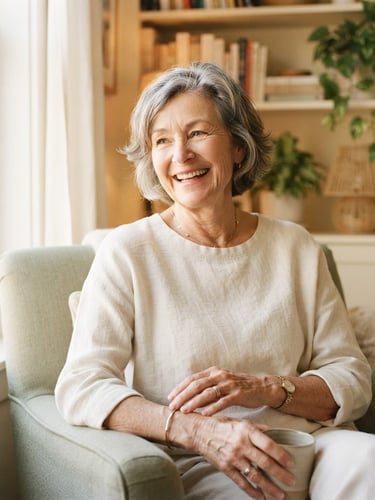 Sunlit editorial portrait of an active senior woman laughing softly in a warm cream-toned living room, morning window light, shallow depth of field, 35mm