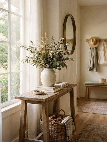 Soft morning window light illuminating a beautifully organized Texas home entryway, a ceramic vase with wild olive branches on a wooden console table, 35mm photography