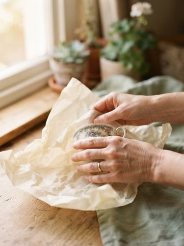 Close-up of hands carefully wrapping a vintage porcelain teacup in soft cream paper, warm morning light through a window, shallow depth of field, 35mm editorial photography.