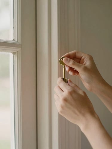 A close-up of hands holding a brass key near a beautifully detailed wooden door frame of a historic South Texas home, soft morning light.