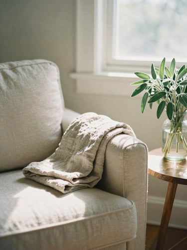 Sunlit organized living room corner with a comfortable armchair, a neatly folded linen throw, and a vase of fresh sage leaves on a wooden side table, editorial photography, 35mm.