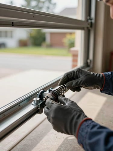 Close-up wide shot of a technician's gloved hands inspecting a torsion spring mechanism on a residential garage door track, natural daylight streaming in from the open bay, steel hardware and cable drum in sharp focus
