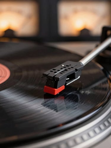 Extreme close-up macro shot of a turntable needle riding the grooves of a spinning black vinyl record, warm low-light glowing meters in the background