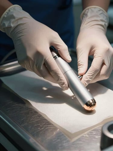 Close-up of a clinician's gloved hands positioning a sleek medical device on a clinical preparation surface, dramatic directional side-lighting casting precise shadows on stainless steel and tissue-textured material, obsidian background, champagne gold instrument detail visible at frame edge