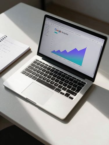 Wide shot from above of a desk with an open laptop showing a Google Analytics dashboard with rising traffic graphs in purple and cyan, a notebook with handwritten notes beside it, clean studio daylight from the left, high contrast, no people visible