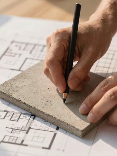 Close-up of a designer's hands overlaying architectural renovation plans on top of a textured concrete sample, warm daylight, 35mm, editorial residential design.