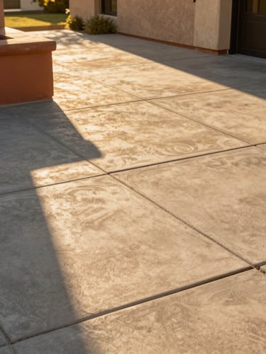 Low-angle architectural wide shot of a pristine decorative concrete patio in Escondido, warm golden-hour sunlight casting long shadows, clean lines, terracotta accents nearby, 35mm photography