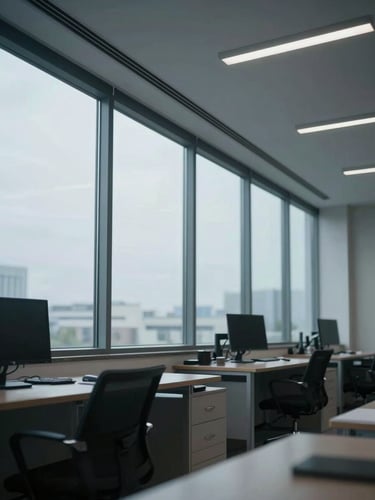 Macro shot of a clean, structured office interior with architectural lines, cool overcast daylight filtering through large windows, highly professional.
