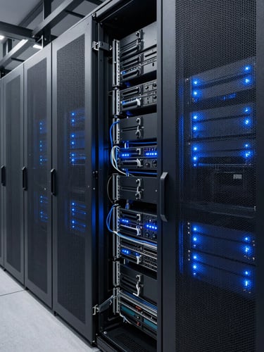 Wide architectural crop of a modern server room with clean blue-toned LED indicators, structured cabling, and metallic racks, minimalist composition.