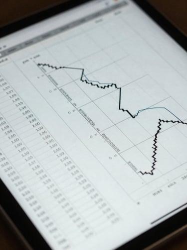 Macro close-up of a structured financial model on a tablet screen, cool daylight, focus on precise data tables and architectural line charts.