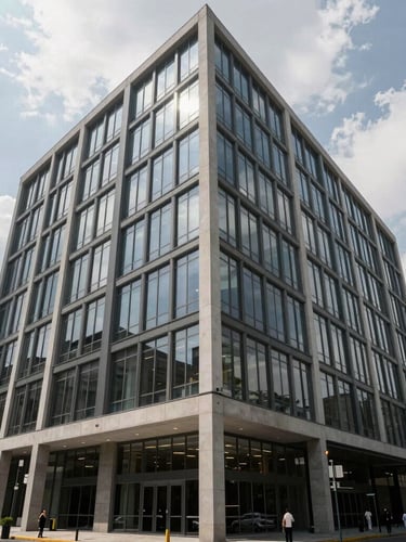 Wide architectural view of a modern structured office in Mexico City, overcast daylight filtering through large windows, clean lines, professional atmosphere.