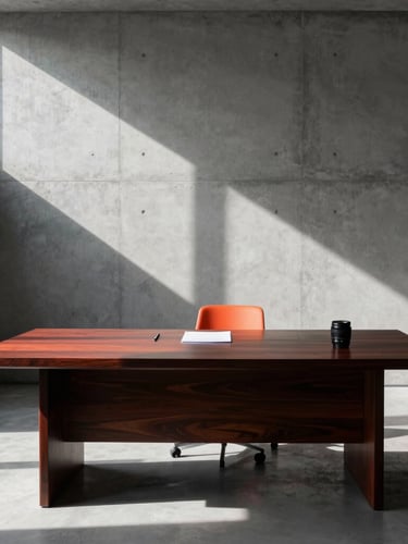 Minimalist modern boardroom with sharp concrete lines, dramatic high-contrast window shadows, a sleek dark wood desk with signed contracts, warm key light, 35mm lens