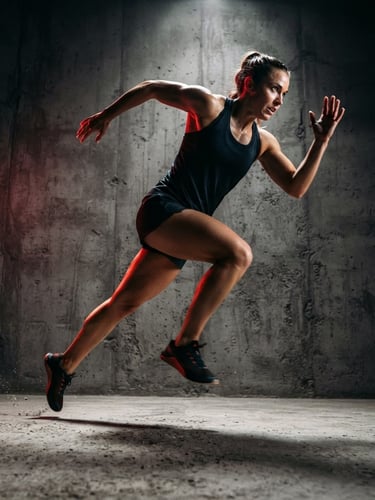 Dynamic low angle shot of an athlete in mid-motion against a minimalist concrete wall, sharp high-contrast studio lighting, dramatic shadows, red accent light, 35mm lens
