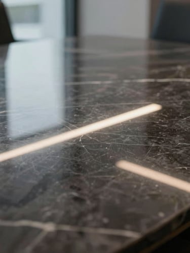 Close-up detail of a dark marble boardroom table reflecting clean overhead architectural lighting lines, minimalist corporate setting.