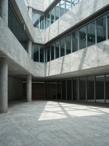Wide-angle architectural view of a minimalist concrete and glass corporate atrium, cool diffused daylight casting sharp diagonal shadows, structural steel columns, empty space on the left.