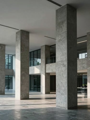 Wide-angle architectural perspective of clean concrete pillars and sharp shadows in a modern Jakarta office lobby, diffused cool daylight.