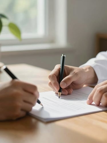 A close-up of a doctor's hands reviewing medical credentials on a warm wooden desk, soft natural window light filtering through green leaves, shallow depth of field, 35mm